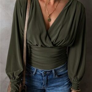 Green Puff Sleeve Long Sleeve Wrap Bodysuit